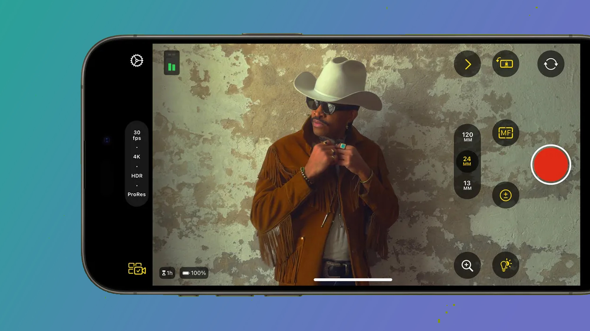Apple's Final Cut Camera app on a green and blue background