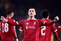 Andrew Robertson of Liverpool celebrates scoring his team's first goal during the Emirates FA Cup Fifth Round match between Wolverhampton Wanderers and Liverpool on March 06, 2026 in Wolverhampton, England.