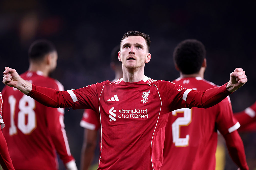 Andrew Robertson of Liverpool celebrates scoring his team's first goal during the Emirates FA Cup Fifth Round match between Wolverhampton Wanderers and Liverpool on March 06, 2026 in Wolverhampton, England.