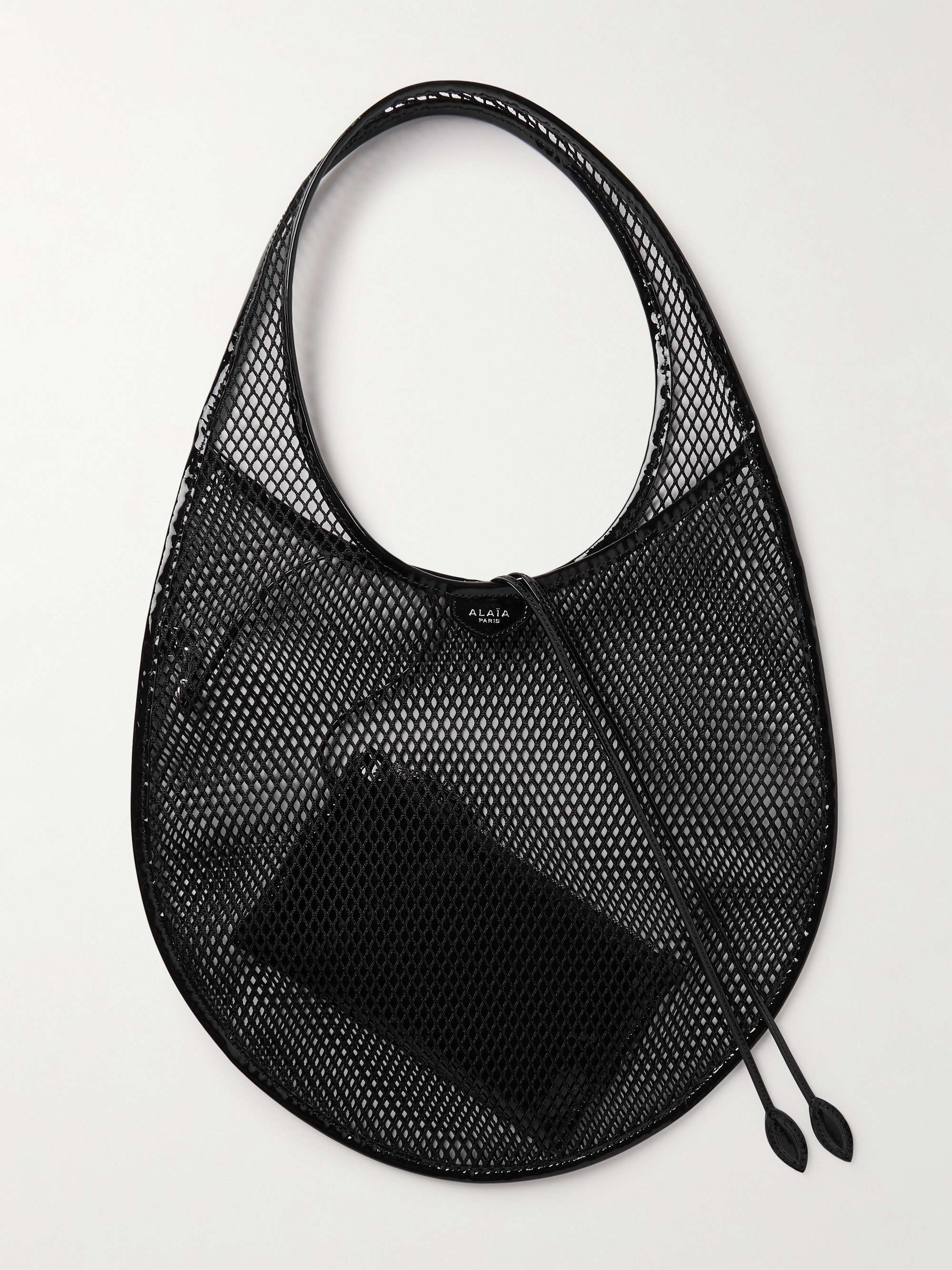 Patent-Leather Trimmed Mesh Shoulder Bag
