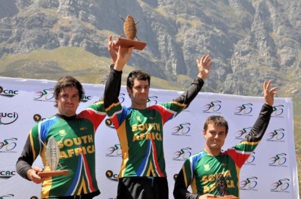 The elite men's downhill podium at the African Continental Championships