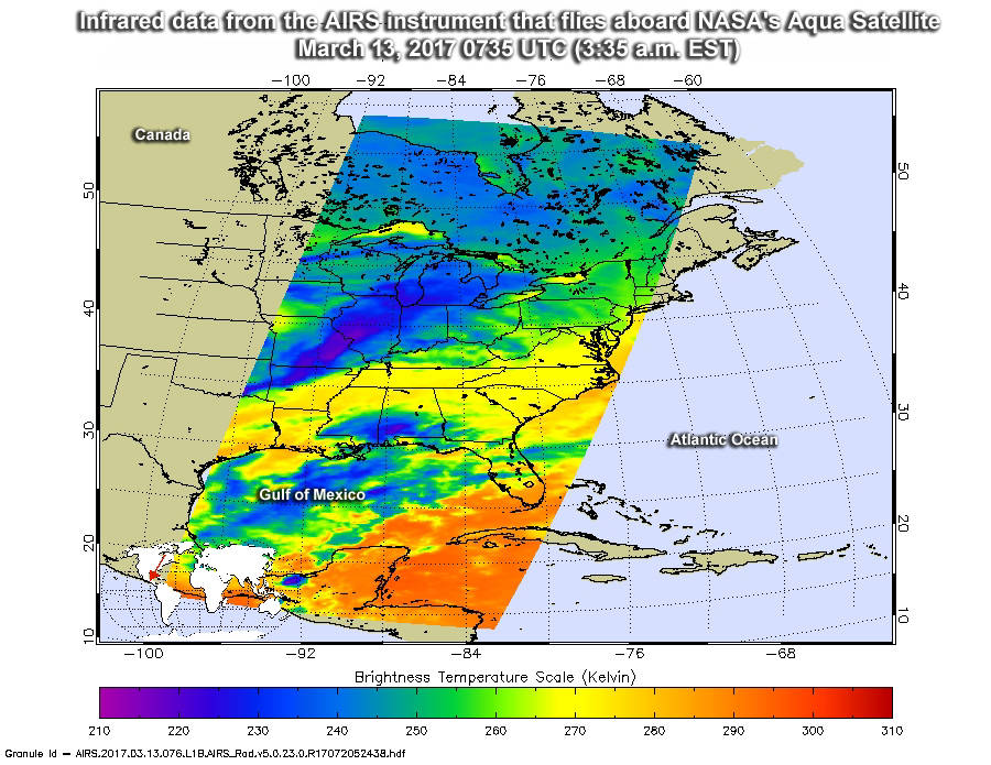 The AIRS instrument aboard NASA's Aqua satellite spotted a low-pressure system on March 13, 2017.