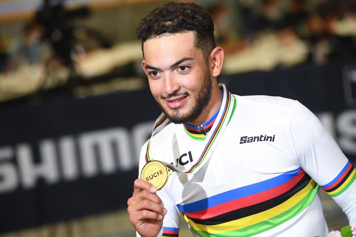 Picture by Simon Wilkinson/SWpix.com - 21/10/2021 - Cycling - Tissot 2021 UCI Track Cycling World Championships - Men&acirc;s Scratch Race - Stab Velodrome, Roubaix, France - Donavan Grondin of France (Gold) on the Men&acirc;s Scratch Race podium