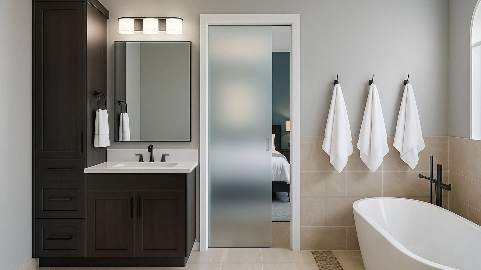 en suite bathroom with a glass pocket door slightly open offering a view into the adjoining bedroom