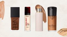 Lineup of the best full coverage foundations (L-R) from NARS, L'Oreal, Westman Atelier and MAC, on a beige background with three foundation swatches