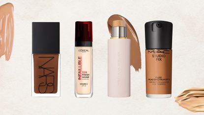 Lineup of the best full coverage foundations (L-R) from NARS, L'Oreal, Westman Atelier and MAC, on a beige background with three foundation swatches