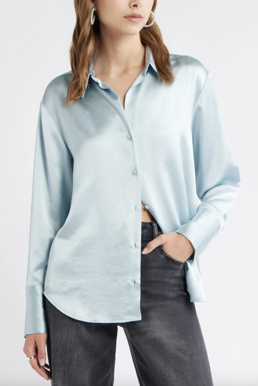 Open Edit, Relaxed Fit Satin Button-Up Shirt