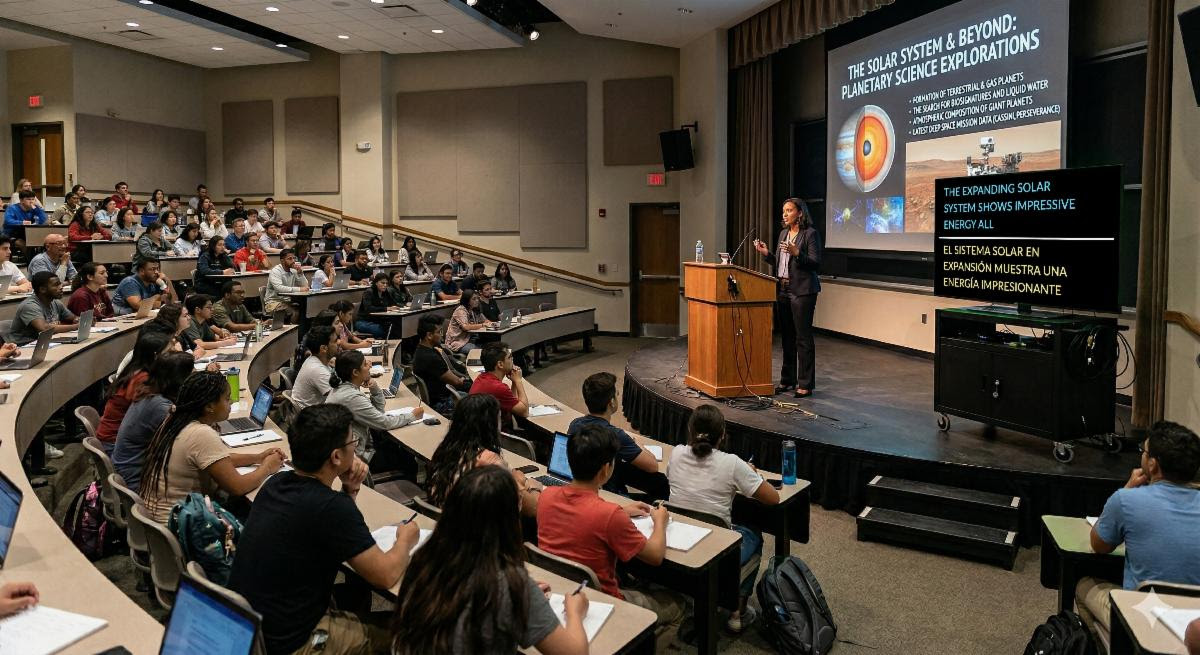 A professor lecturing a college classroom with captioning on the side on a display.