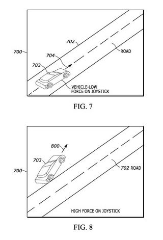 The patent depicting the action of a simulated car reacting to a higher force from the gamer.