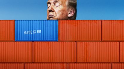 Illustration of Donald Trump looking disapprovingly over UK shipping containers