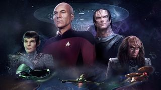 Star Trek Infinite key art - Captain Picard and other characters together on a space background