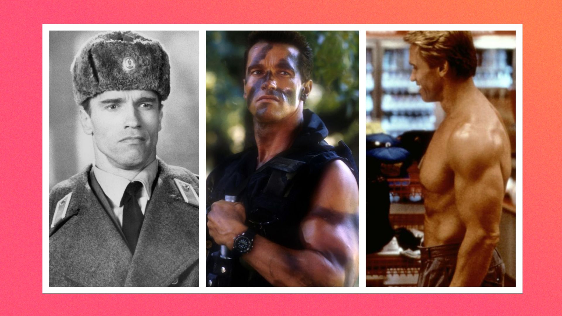 Arnold Schwarzenegger as he appears in three different films including: Red Heat, Commando and Twins