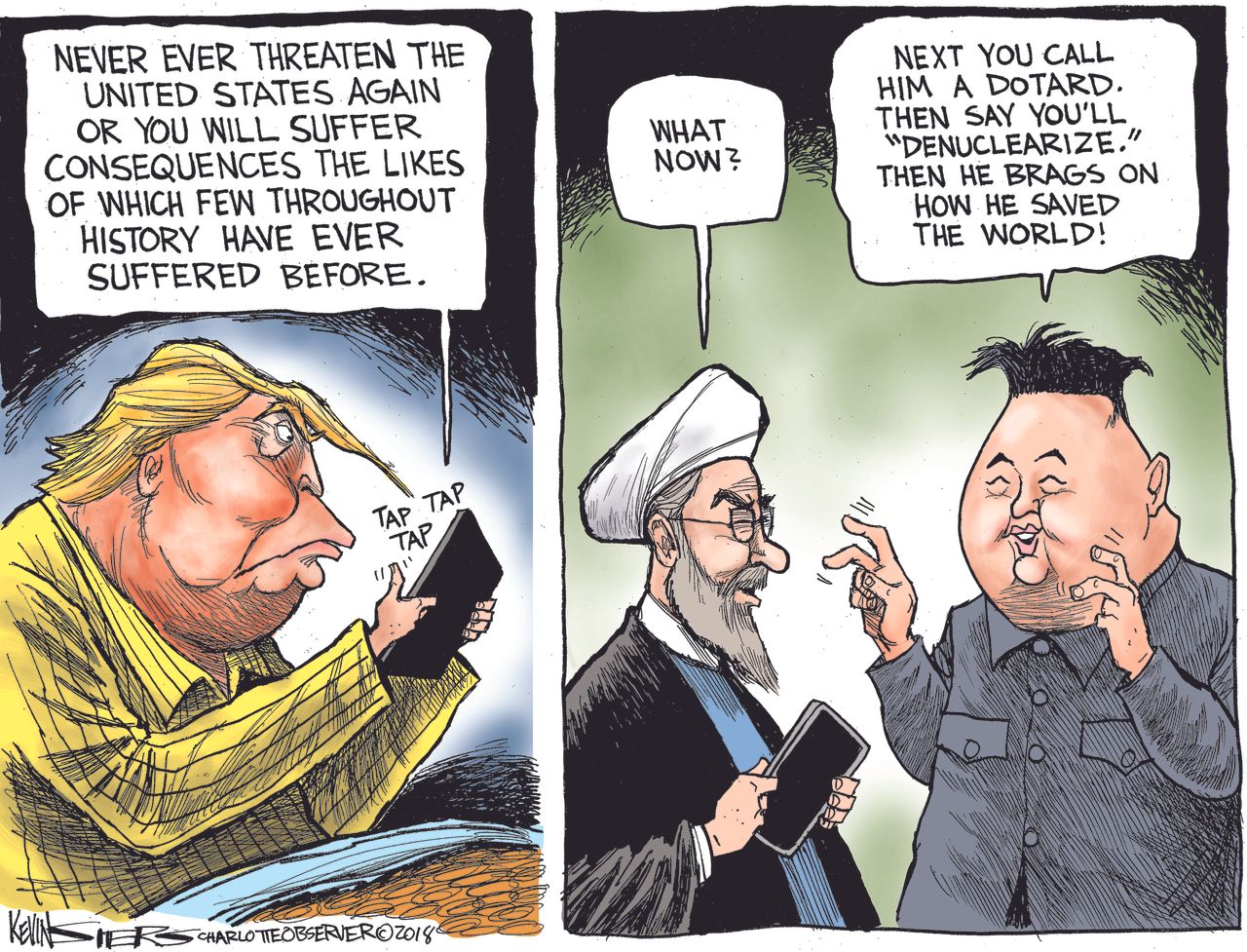 Political cartoon U.S. Trump Rouhani Kim Jong Un twitter