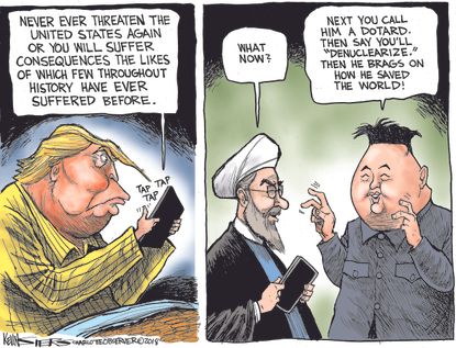 Political cartoon U.S. Trump Rouhani Kim Jong Un twitter