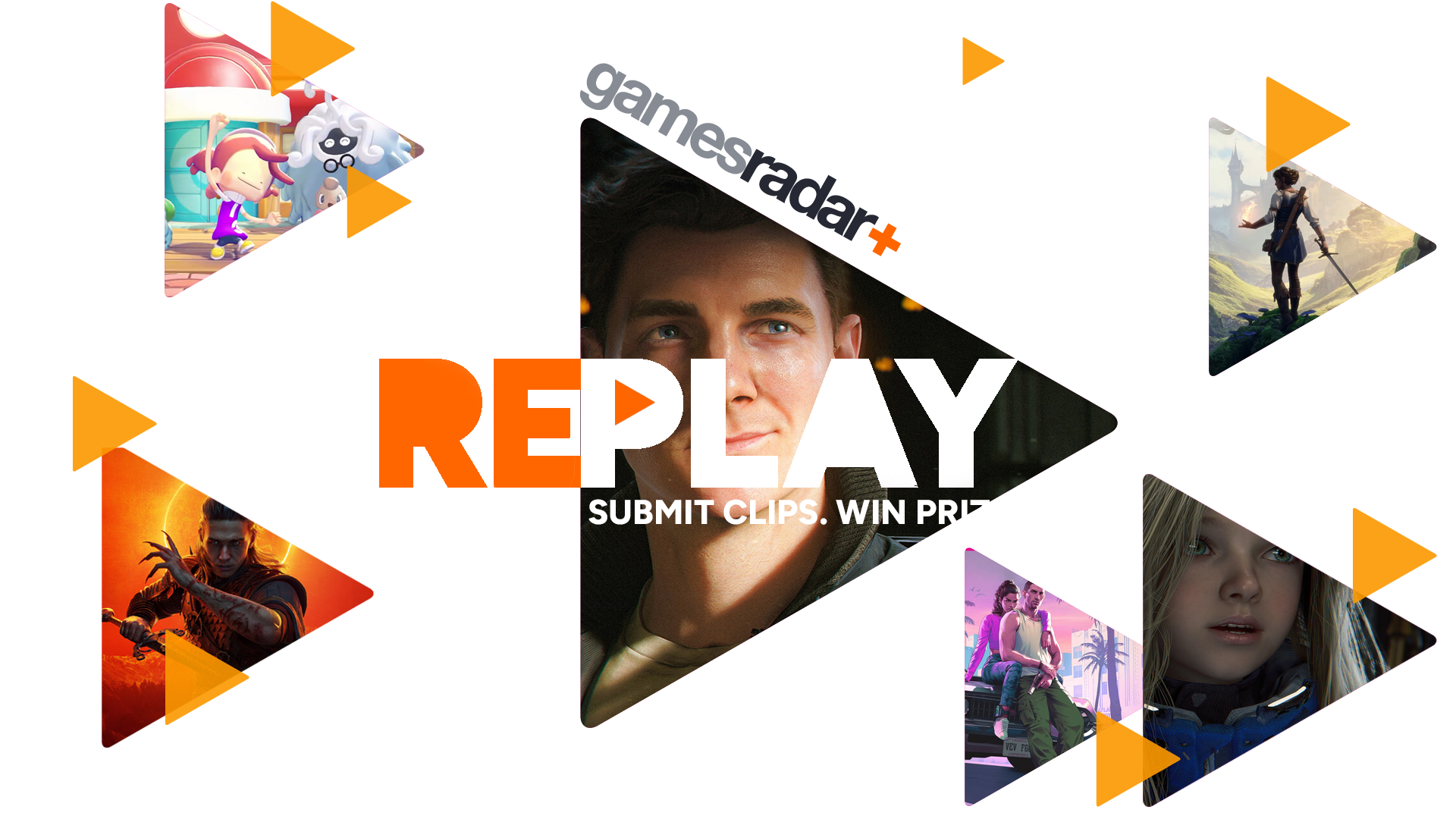 The GamesRadar+ Replay logo with triangles featuring a range of 2026 games behind