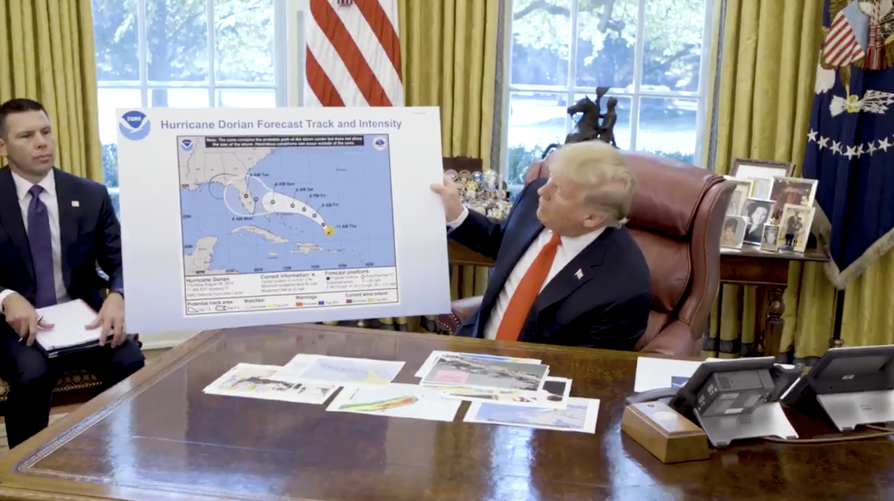 Trump with a doctored map of Dorian&amp;#039;s projection.