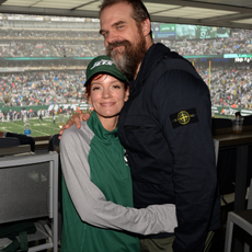 Lily Allen and David Harbour are seen at a game between the New York Jets and Denver Broncos at MetLife Stadium on September 29, 2024 in East Rutherford, New Jersey.