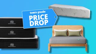 A collage of images against a blue background. To the left, a stack of Brooklyn Bedding Select Gel Memory Foam Hybrid Mattresses. In the top right, a Tulo Bamboo Green Tea Memory Foam Mattress. Bottom right, a Siena Essential 8" Memory Foam Mattress on a wooden bed frame with a stack of pillows at the head of the bed. In the center, a Tom's Guide Price Drop deals graphic.