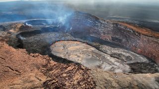 A lava lake inside the Pu'u 'Ō'ō crater on Kilauea's' eastern rift zone during a previous eruption.