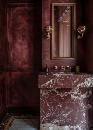 dark red powder room with brush plaster and a rosso levanto sink