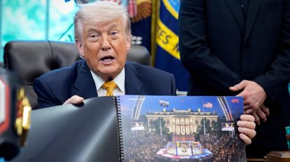 President Donald Trump shows off mockup of White House cage fight for America's 250th anniversary
