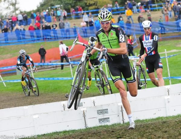 Ryan Trebon (Cannondale) leading the race at the second set of barriers