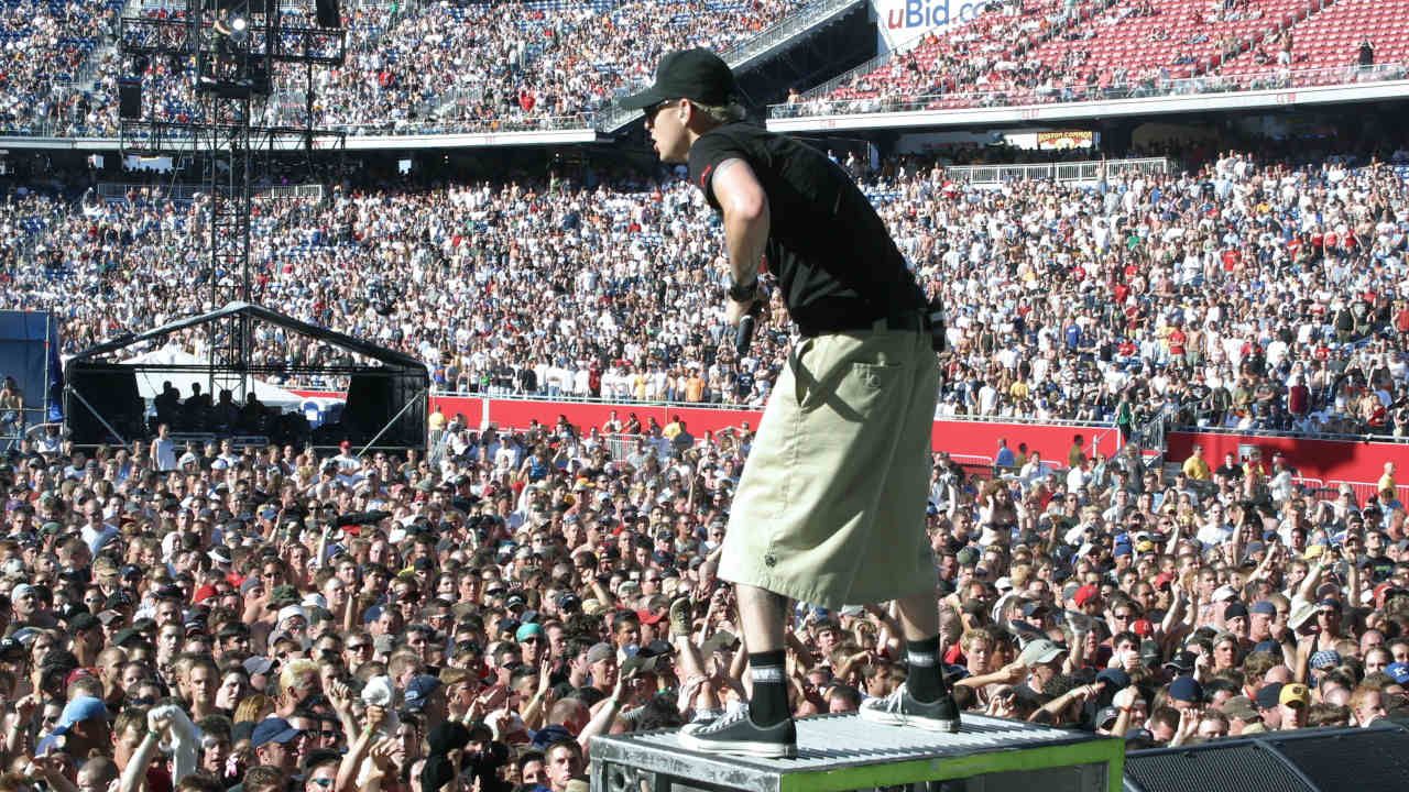 Linkin Park’s Chester Bennington performing onstage in 2003
