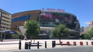 Exterior view of the T-Mobile Arena, Las Vegas, bathed in bright sunlight