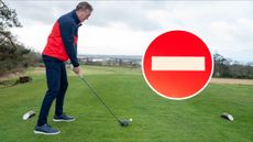 fergus bisset teeing off white tees with a stop sign