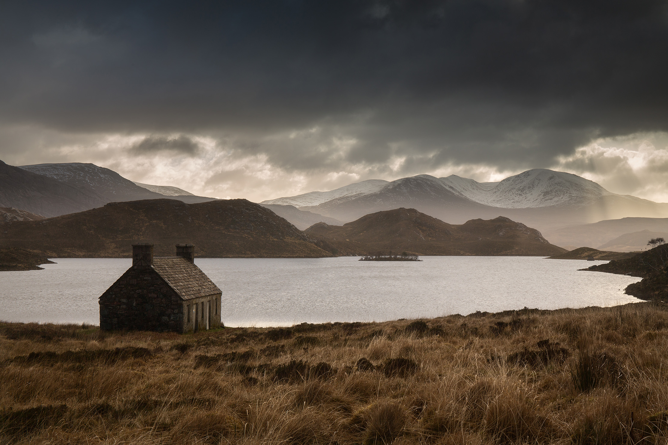 Welcome site: a lone bothy at Loch Stack in the Scottish Highlands.