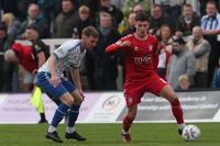 Alex Hunt of York City competes with Matty Daly of Hartlepool United during the Enterprise National League match between Hartlepool United and York City at Victoria Park in Hartlepool, England, on October 4, 2025. (Photo by Mark Fletcher/MI News/NurPhoto via Getty Images)