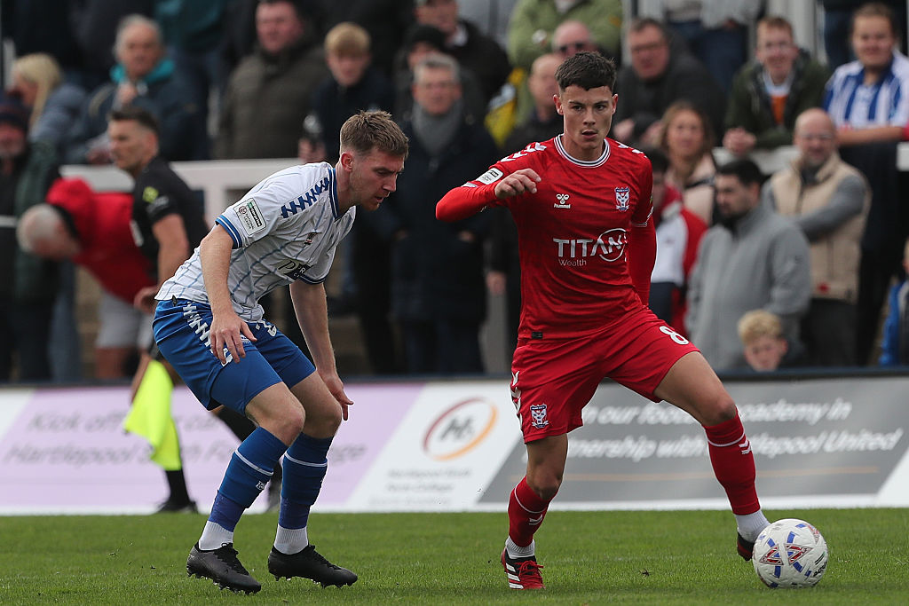 Alex Hunt of York City competes with Matty Daly of Hartlepool United during the Enterprise National League match between Hartlepool United and York City at Victoria Park in Hartlepool, England, on October 4, 2025. (Photo by Mark Fletcher/MI News/NurPhoto via Getty Images)