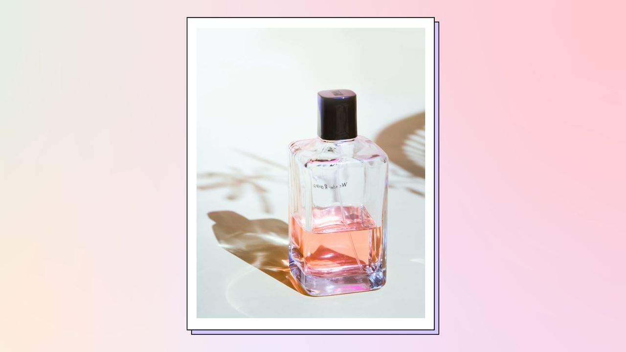 Glass bottle of perfume product, beauty product, cosmetic product on white background/ in a pastel gradient template