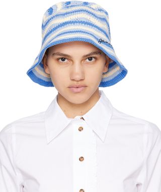 Blue & Off-White Embroidered Bucket Hat