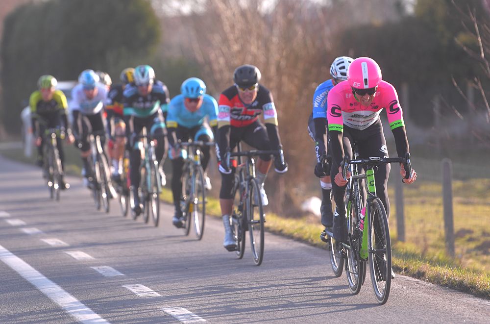 Sep Vanmarcke (EF Education First-Drapac) leads the breakaway at Omloop Het Nieuwsblad Elite