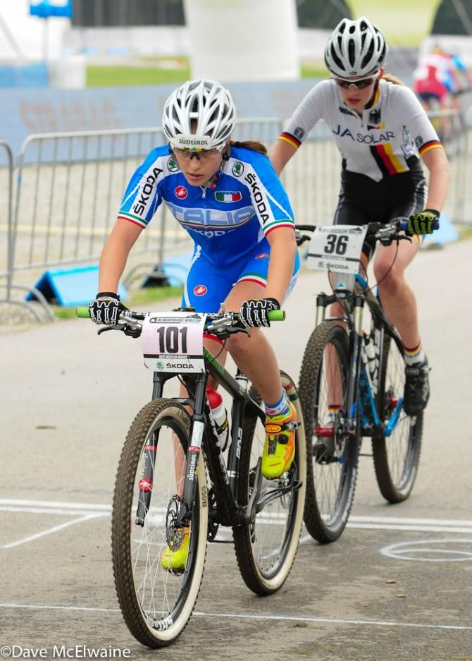 Greta Weithaler (Italy) leading the junior race with one lap to go. She is accompanied by a U23 racer whom she caught.