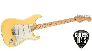 Buttercream Fender Player Stratocaster on a white background with a 'Guitar World Deals' tag 