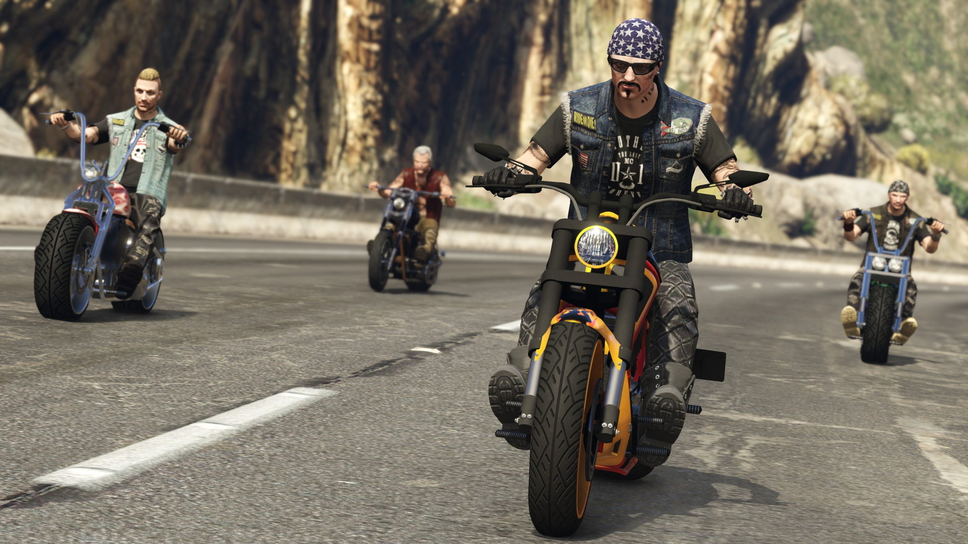 a group of bikers riding down the street in GTA Online