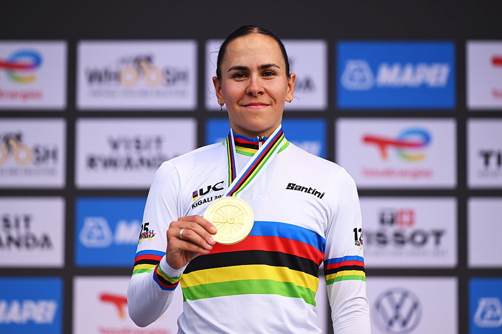 C&amp;eacute;lia Gery in the rainbow jersey after winning the under-23 women's road race at the 2025 Road World Championships in Kigali