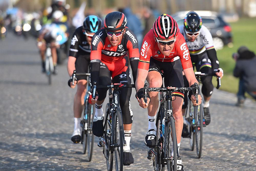 Tiesj Benoot (Lotto Soudal) leads the breakaway at Omloop Het Nieuwsblad