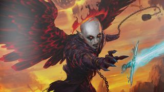 A demonic figure reaches for a glowing sword on the cover of Baldur's Gate: Descent Into Avernus