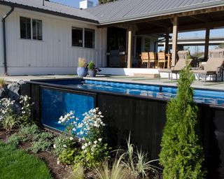 container swimming pool with window in backyard