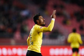 Paulinho celebrates after scoring for Guangzhou Evergrande against Hebei China Fortune in November 2019.