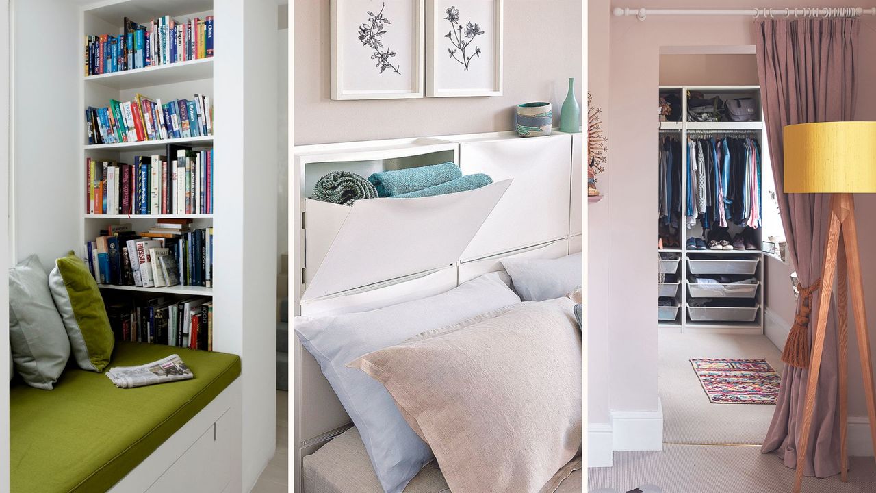 Collage of bookshelves, bedroom storage and a walk-in wardrobe to support the one touch tidying rule 