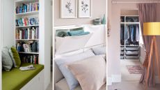 Collage of bookshelves, bedroom storage and a walk-in wardrobe to support the one-touch decluttering method