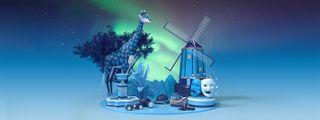 3D collage cast in blue, featuring a giraffe, a windmill and theatrical masks