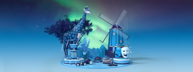 3D collage cast in blue, featuring a giraffe, a windmill and theatrical masks