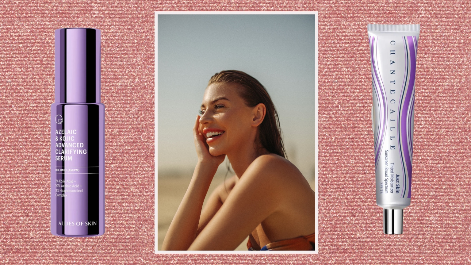 a pink sparkly background with a woman on the beach in profile smiling with two products on either side of her, both skincare in purple packaging