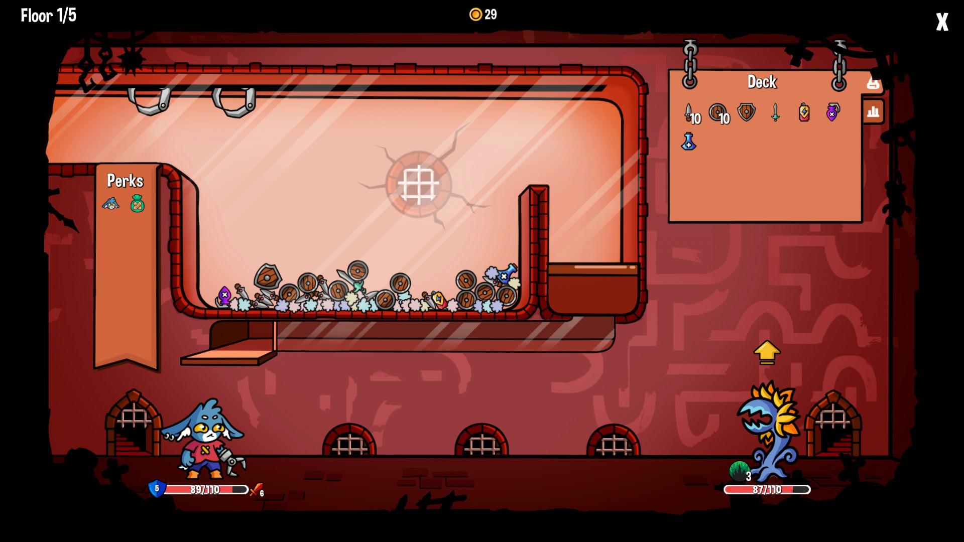A battle in Dungeon Clawler, a claw machine roguelike by Stray Fawn Studio.