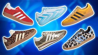 Adidas sneakers on a blue background.